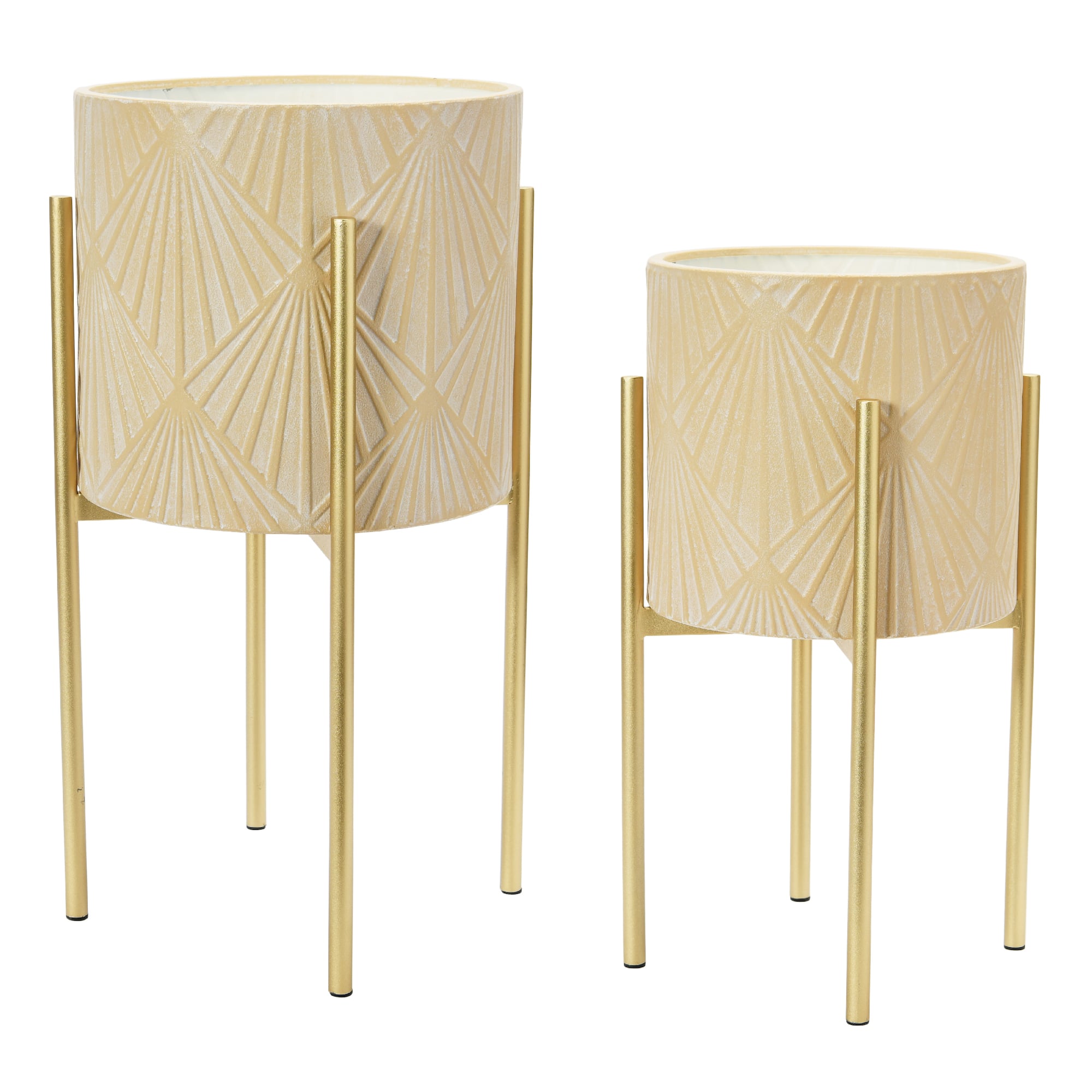 Hello Honey® Cream & Gold Boho Embossed Metal Planters with Stands Set